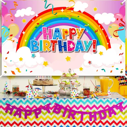 Miniatura 6 de Remerry Telón de fondo de cumpleaños arcoíris para niñas, colorido decoración de fiesta de feliz cumpleaños, pancarta para niñas, niños y adultos