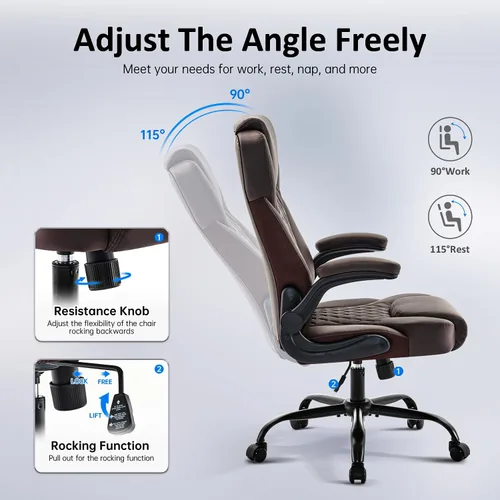 Miniatura 3 de amseatec Silla de Oficina Ejecutiva, Silla de Cuero PU, Silla de Escritorio Ergonómica para Computadora con Soporte Lumbar y Brazos Abatibles