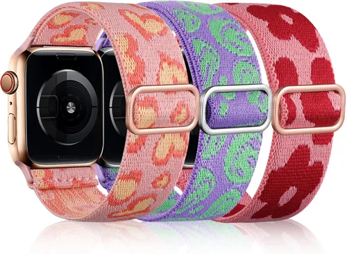 Miniatura 25 de DaQin Paquete de 3 correas elásticas Solo Loop compatibles con Apple Watch de 1.654 pulgadas, 1.614 pulgadas, 1.575 pulgadas, 1.496 pulgadas, Boho