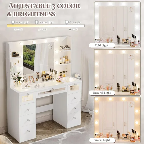 Miniatura 10 de Tocador blanco con espejo iluminado de 23.5 pulgadas, escritorio de tocador con parte superior de vidrio con 9 cajones y bombillas Hollywood de 3