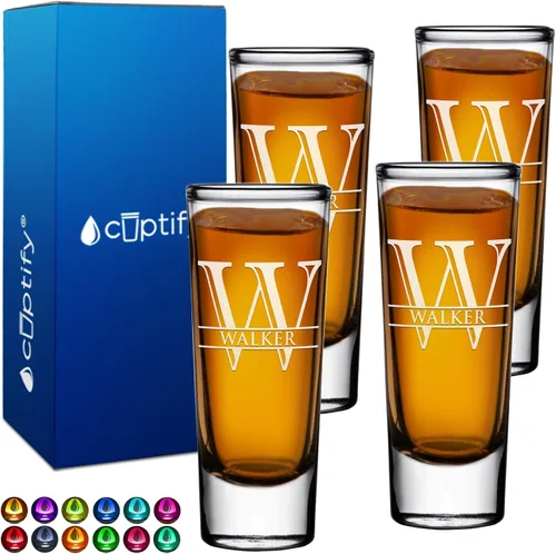Miniatura 71 de Vaso de chupito personalizado con fondo verde azulado personalizado de 2 oz, vasos de chupito cordial con inicial en script dividido y nombre