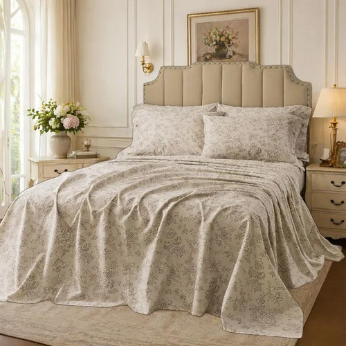 Miniatura 41 de FADFAY Juego de sábanas tamaño King, 100% algodón, elegante ropa de cama de granja con hojas verdes menta y flores blancas, sábana suave