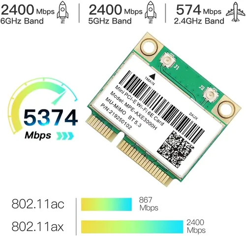 Miniatura 4 de WiFi 6E Half Mini PCI-E Tarjeta de red WiFi 802.11AX AC MPE-AXE3000H 2.4GHz 5GHz 6GHz 5400Mbps Tarjeta inalámbrica BT5.3 MU-MIMO mini PCIe Wi-Fi 6E