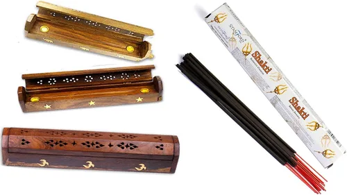 Giftbrit Caja decorativa de madera Sheesham con incrustaciones de latón, caja de humo con soporte para cono de Joss Stick + varillas de incienso