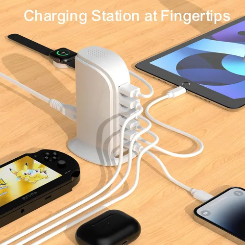 Miniatura 4 de Estación de carga para múltiples dispositivos Upoy, torre de hub USB multi con 5 USB+1 puertos tipo C, bloque de cargador USB C de carga rápida