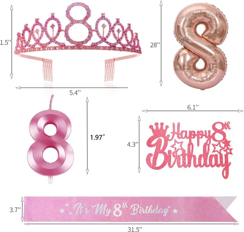Miniatura 2 de Conjuntos de Banda y Tiara de 8º Cumpleaños, Banda "It's My 8th Birthday" Corona de Pedrería Decoración para Pastel de Cumpleaños Globos de Papel