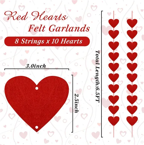Miniatura 2 de Childom 80 guirnaldas de corazón de fieltro rojo, decoraciones de San Valentín, decoraciones de fiesta de San Valentín, decoración de corazones