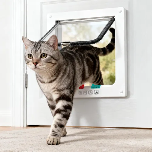 Puerta de gato para ventanas, tamaño exterior de 11 x 9.8 pulgadas, puerta resistente a la intemperie para mascotas con cerradura de 4 vías, puerta