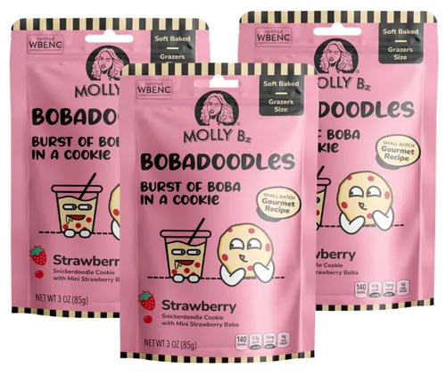 Molly Bz Food Bobadoodles - Burst of Boba in a Cookie - Snickerdoodle con sabor a mini fresa Boba - Horneado suave - Receta gourmet - Paquete de 3