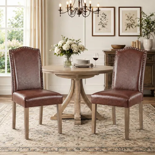 Miniatura 21 de Silla de comedor tapizada moderna y elegante Parsons con respaldo alto con ribete plateado de cabeza de clavo y patas de madera, juego de 2, tela