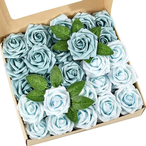 Miniatura 15 de Flores artificiales, 25 piezas, rosa artificial azul bebé para ramos de boda, centros de mesa, arreglos, flor falsa con tallos para decoración