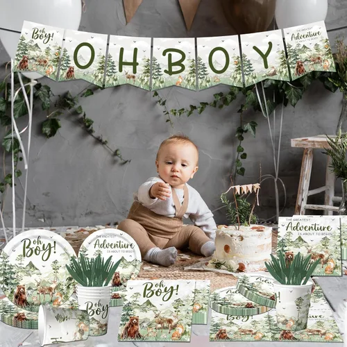 Miniatura 2 de Vajilla con texto en inglés "Let The Adventure Begin", vajilla para baby shower, platos y servilletas de bosque, decoración de tazas, mantel