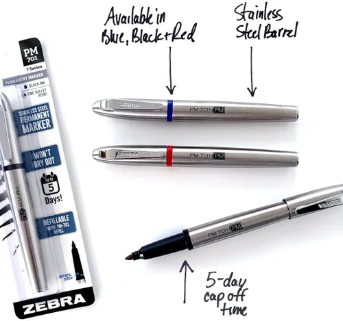 Miniatura 5 de Zebra Pen PM-701 - Marcador permanente, barril de acero inoxidable, punta fina, tinta negra, recargable, paquete de 1 unidad