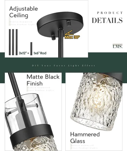 Miniatura 4 de LMS Luces colgantes de cristal para isla de cocina, 1 luz moderna negra colgante con vidrio martillado y varillas, mini iluminación colgante