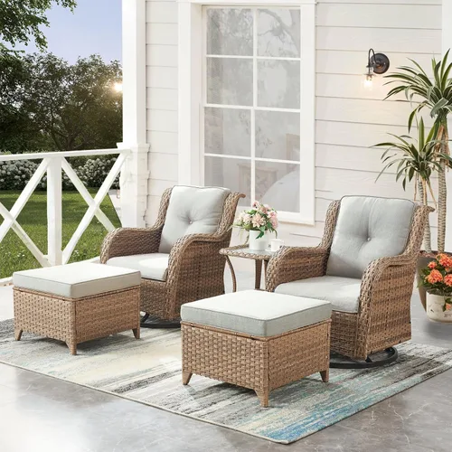 Miniatura 109 de HUMMUH Sillas Mecedoras Giratorias de Mimbre para Patio Exterior con Respaldo Alto, Sillas Deslizantes de Ratán PE, Juego de Muebles de Patio de 4