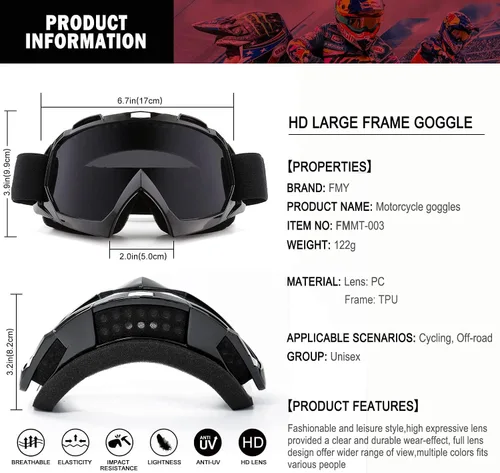 Miniatura 4 de FMY Gafas de motocross para hombres, mujeres y jóvenes, antiarañazos, a prueba de polvo, UV400 ATV Lente negro-gris