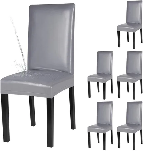 Miniatura 11 de YISUN Fundas para sillas de comedor, cuero sintético macizo, impermeable y resistente al aceite, elásticas, protectoras (negro, paquete de 4)