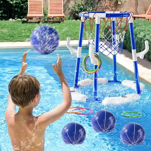 Miniatura 2 de Aro y anillo de baloncesto de piscina 2 en 1 y juegos con 4 pelotas, 12 anillos y bomba, juguetes y juegos de piscina al aire libre de agua