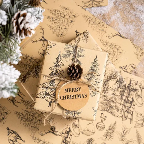 Miniatura 5 de RUSPEPA Papel de regalo Kraft - Diseño de reno negro y árbol de Navidad - Perfecto para Navidad, cumpleaños o cualquier ocasión - 12 hojas dobladas