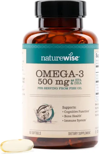 NatureWise Aceite de pescado Omega 3, 500 mg de Omega 3 por porción, 300 mg de EPA y 200 mg de DHA, de origen sostenible para pureza, sabor a limón,