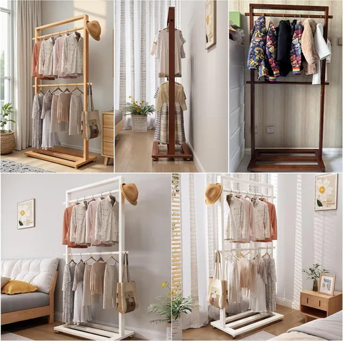 Miniatura 8 de Perchero de madera maciza con ruedas, estante extraíble de doble barra con estante inferior, organizador de ropa independiente, estante portátil