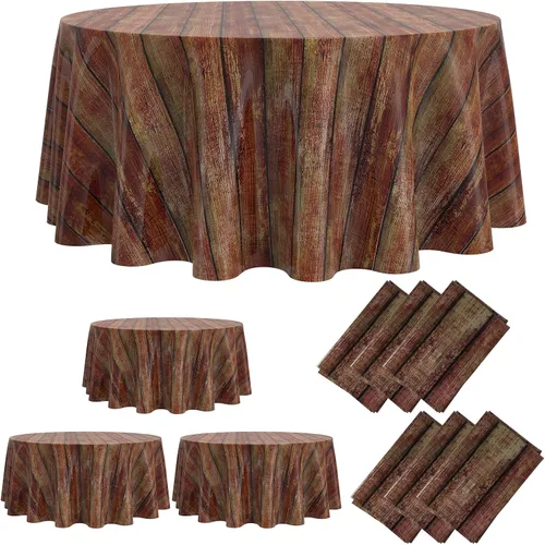 Miniatura 9 de Oudain 12 manteles redondos de grano de madera de 84 pulgadas, mantel de plástico rústico, impermeable, marrón occidental, desechable, vintage