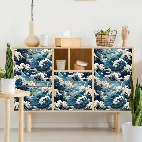 Miniatura 6 de Vinatge Janpanese - Papel tapiz autoadhesivo con mosaico azul y amarillo de olas marinas, para gabinetes de cocina, apto para inquilinos, 14.5 pies