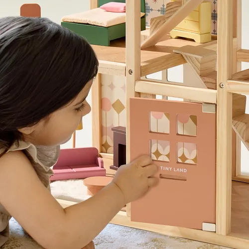Miniatura 8 de Tiny Land Casa de muñecas de madera para niñas, casa de muñecas de madera de 6 habitaciones, casa de muñecas de bricolaje con 31 accesorios de Rosa