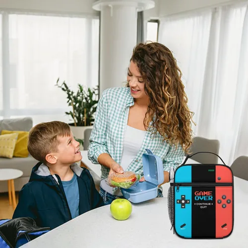 Miniatura 7 de Lonchera aislada para videojuegos, lonchera para niños y niñas, reutilizable, portátil, con asa desmontable (rojo neón y azul)