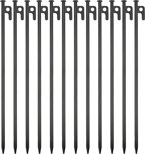 Paquete de 12 estacas de metal resistentes para tienda de campaña para camping, estacas de acero de 16 pulgadas, irrompibles e inflexibles