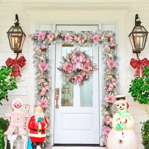 Miniatura 4 de Guirnalda de Navidad rosa de 6 pies para puerta delantera con 30 luces LED con temporizador, guirnalda festiva iluminada para vacaciones con copo