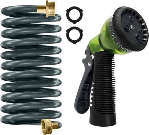 Miniatura 14 de Manguera de jardín de bobina de EVA de 25 pies con conector de latón de 3/4 pulgadas, manguera de agua en espiral, ligera y sin torceduras, incluye