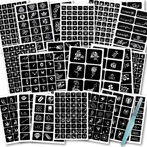 Koogel Kit de plantillas de tatuaje de henna de 524 piezas con bolígrafo, plantillas de arte corporal reutilizables para festivales, fiestas y