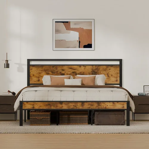 Miniatura 10 de Z-hom Cama de plataforma de metal resistente de fácil montaje, marco de cama tamaño Queen con cabecero y estribo, soporte antideslizante y Marrón