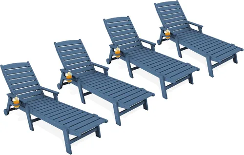 Miniatura 18 de KINGYES Sillón de polietileno de alta densidad para exteriores, tumbona reclinable para patio con portavasos para todo tipo de clima, tumbona