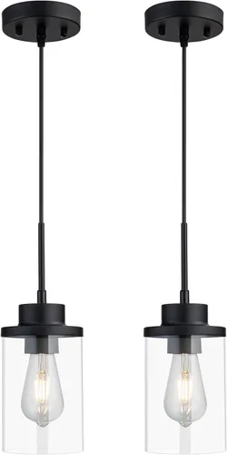 Miniatura 11 de Moderna Lámpara Colgante de Granja Negra de Vidrio Transparente Cilíndrico, Iluminación Colgante de Metal Industrial Mini para Isla de Cocina, Mesa