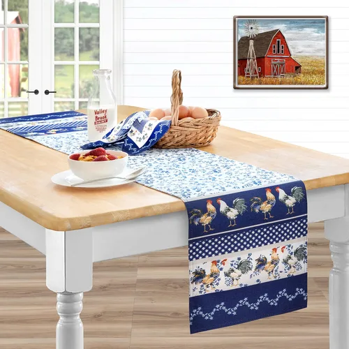 Miniatura 11 de Home Bargains Plus Mantel rectangular de tela, 52 x 70 pulgadas, gallo azul provenzal, resistente a las arrugas, el agua y las manchas, color granja