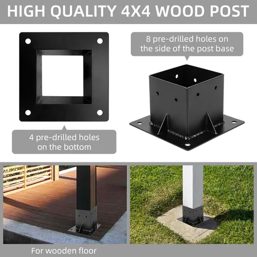 Miniatura 4 de Base de poste de 4 x 4, 4 piezas, soportes de base de poste de cubierta (interior de 3.6 x 3.6 pulgadas) con recubrimiento de polvo negro, soporte