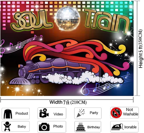 Miniatura 7 de XLL Tren del alma de los años 70 y 80, fondo de fotos con temática de neón brillante, 7 x 5 pies, canto, baile antiguo, discoteca, baile