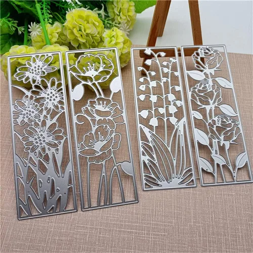 4 piezas de plantillas de fondo con forma de flor, plantillas de recorte de metal 3D, plantillas de flores rectangulares, hojas en relieve,