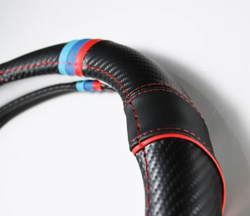 Miniatura 4 de Funda para volante de fibra de carbono + cuero con franjas deportivas en la parte superior, antideslizante y absorbente de sudor, ajuste universal