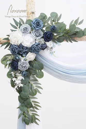 Miniatura 3 de Kit de flores de arco Floroom con cortinas (paquete de 4) - 2 piezas de arreglo de guirnalda floral artificial azul polvoriento y azul marino con 2