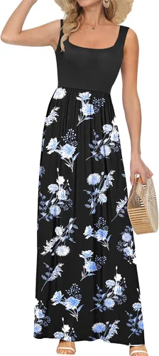 Miniatura 16 de AUSELILY Vestido largo con cuello cuadrado para mujer, sin mangas, floral, holgado, con bolsillos