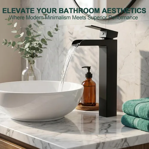 Miniatura 3 de Grifo de baño de cascada alto negro, grifo de fregadero Hanlde con boquilla de cascada, grifos de baño para 1 agujero, grifo mezclador de tocador