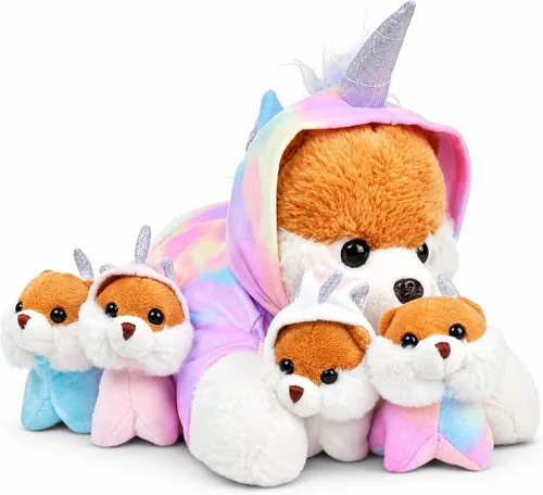 PixieCrush Animales de peluche para perros, mamá bernesa con 4 cachorros en la barriga, peluches abrazables y esponjosos para juegos imaginativos,