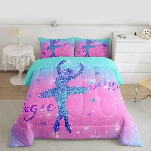 Miniatura 50 de Erosebridal Juego de ropa de cama de princesa de ballet, tamaño Queen, juego de edredón de 3 piezas para niñas bailarinas de ballet, lindo juego