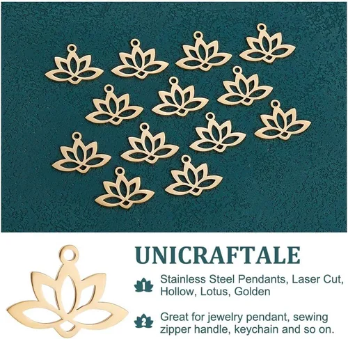 Miniatura 5 de UNICRAFTALE 20pcs 0.063 in agujero 201 colgantes de acero inoxidable Lotus Flower Charm Flat Hollow Links Yoga Charm Metal Laser Cut Blossom Cut Out