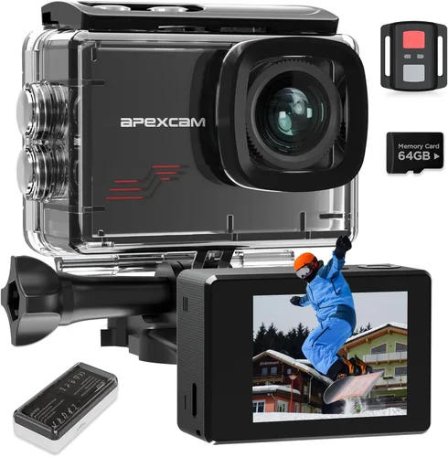 Apexcam Cámara de acción M80 4K con tarjeta de 64 GB, HD 60FPS 48MP cámara deportiva para vlogging, cámara impermeable de 131.2 ft bajo el agua,