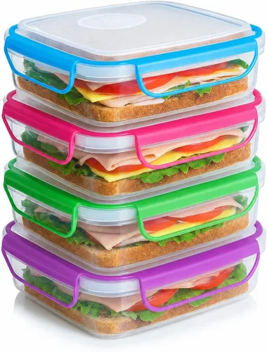 Snap Fresh - Paquete de 4 recipientes de sándwich a prueba de fugas de tamaño divertido - Cajas de sándwich reutilizables, sin BPA. Sellado