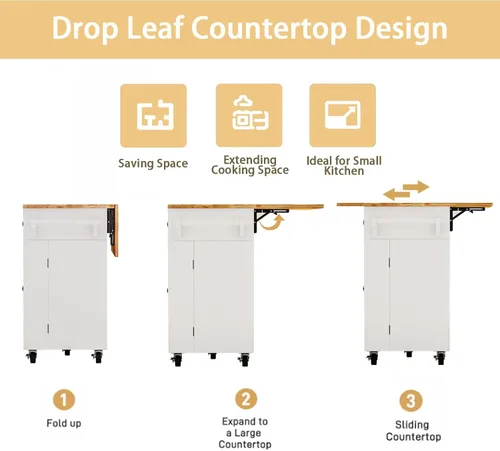 Miniatura 3 de Carrito para isla de cocina con almacenamiento y ruedas, isla de cocina rodante grande de 150 cm con hoja abatible, isla móvil para cocina